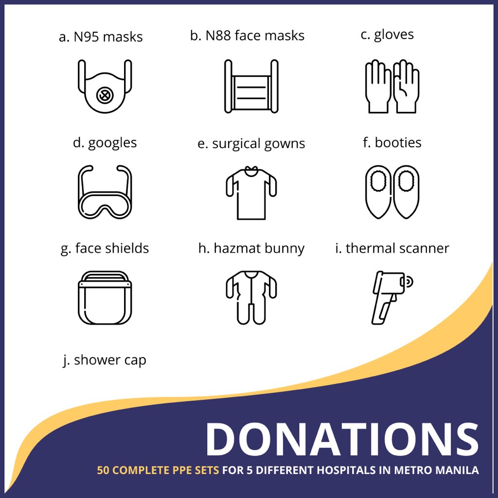 reginasofiao's tweet photo. Hello! My friends and I started an organization to help provide PPE to frontliners in Metro Manila 💛

We’re accepting donations in kind or in cash. Details are in the photos below.

Hope you can help by donating and sharing this tweet to get the word around! 🤗

#phcvdonate https://t.co/eTM32UzFKM