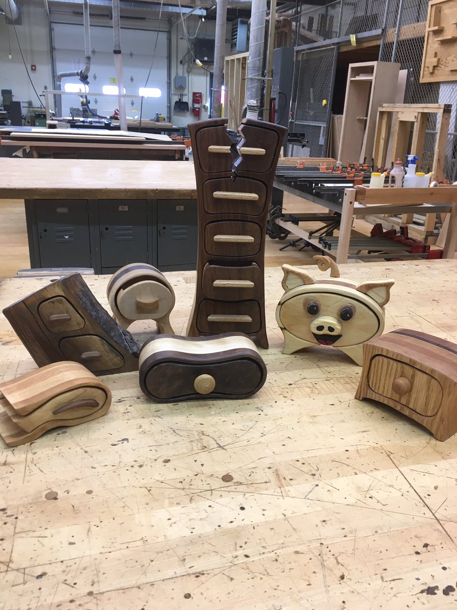 HaneyMicky's tweet photo. Bandsaw boxes from just before closure. A couple I made for examples and the others were made in class.  Finally got a chance to put a finish on them.  One of my favorite projects. https://t.co/QKB9chobsY