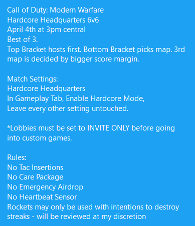 BrandibleClaw's tweet photo. MW HCHQ STARTS TOMORROW AT 3PM CENTRAL. Good luck to everybody. @CoDRT24_7 @CallofDutyHC @2BERCLAN @OfficialEvul @Chicago_UWS @GodsofHC @tectonic__ @halfdolo @VisionXan @DeadlyxSoldier1 @Newdewls @Aceximm @PsnJenkett https://t.co/PgKEzkbdGN