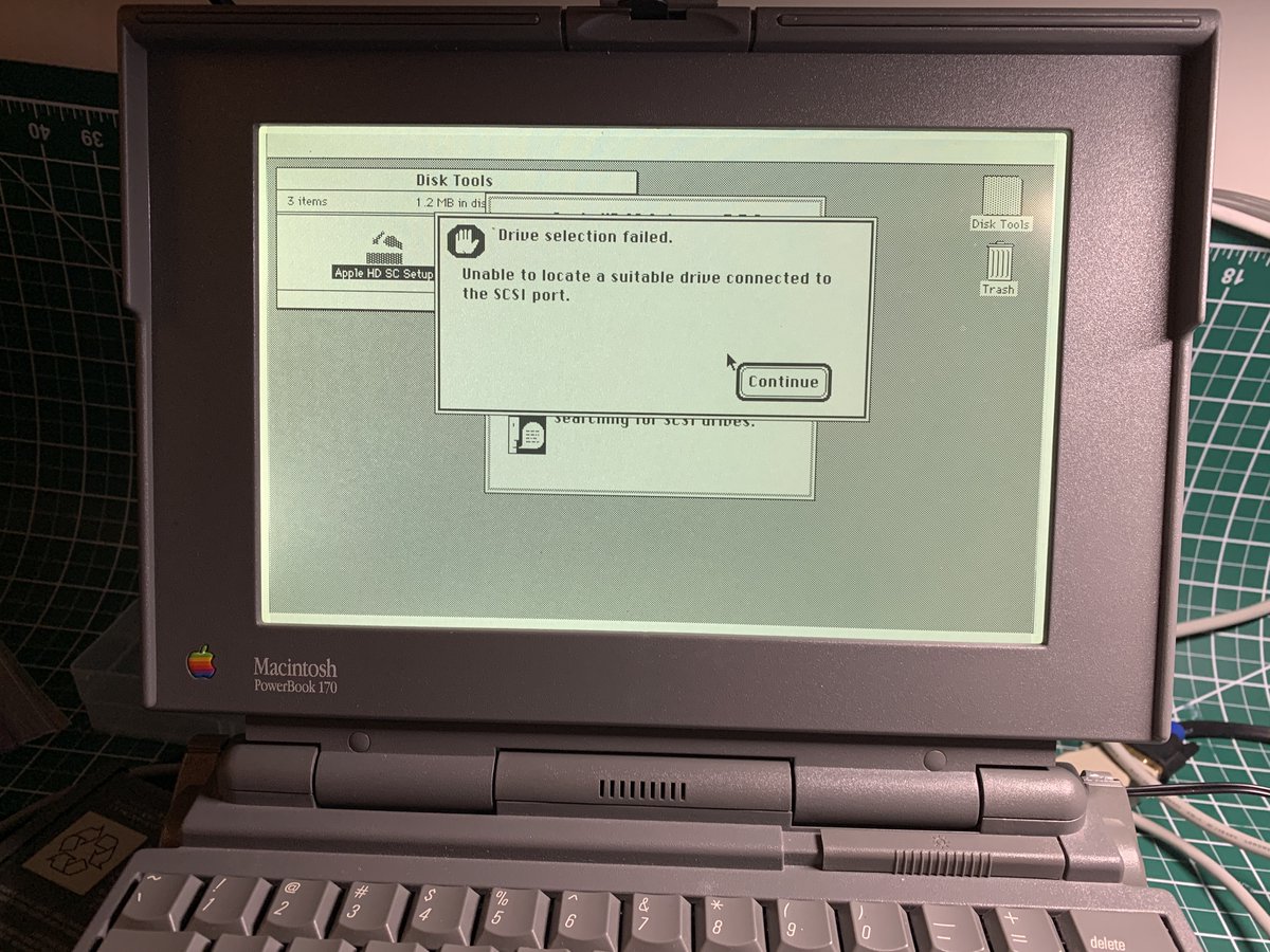 But this isn’t great news.HD SC setup can’t see the internal drive at all. Yet it spins and whirs at startup.Hardware failure seems a likely culprit, but I wish I had more thorough bus probing tools before I go to replace it. PowerBooks have weird SCSI shit going on inside