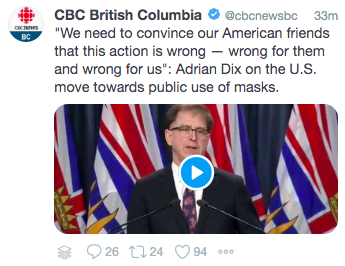 cbcnewsbc's tweet photo. We've deleted a tweet that misrepresented Adrian Dix's comments on the U.S. and surgical masks.
Dix was actually commenting on U.S. President Donald Trump ordering 3M to stop exporting N95 masks to Canada. https://t.co/c4KCOnir9H