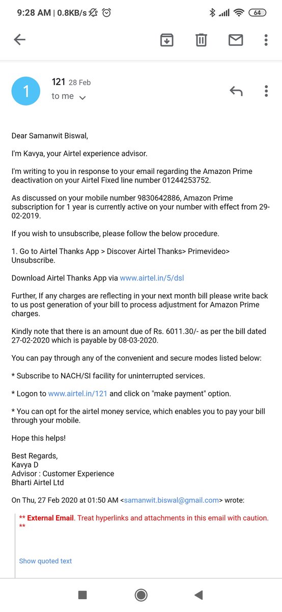 SamanwitB's tweet photo. @Airtel_Presence Based on suggestion of your Airtel experience advisor on 28.02.2020, the Prime was unsubscribed. I had taken Prime Membership on 6th January 2020 myself. So extension through Airtel was not needed which was automatically done on 27.02.2020. https://t.co/hBBEQ1VUFg