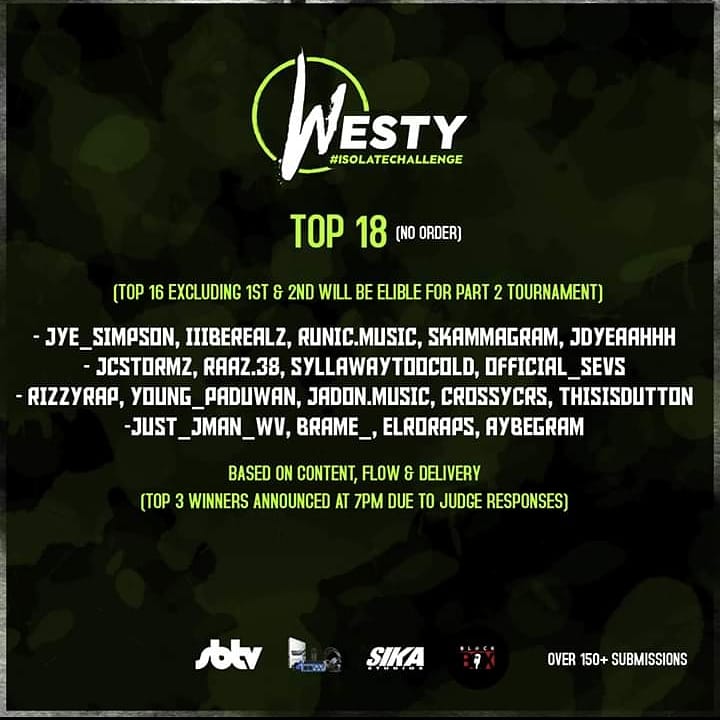 IsDatYouYeah's tweet photo. TOP 18
all down to the judges now
7pm winners get announced
& the last 16 are eligble for a part 2
Shouts to @Blackboxhub
& my judges @Dexplicit @BrotherhoodUK @RISKYROADZ @mrTraumatik βπ§ π
#IsolateChallenge https://t.co/ZMgj5xmLij