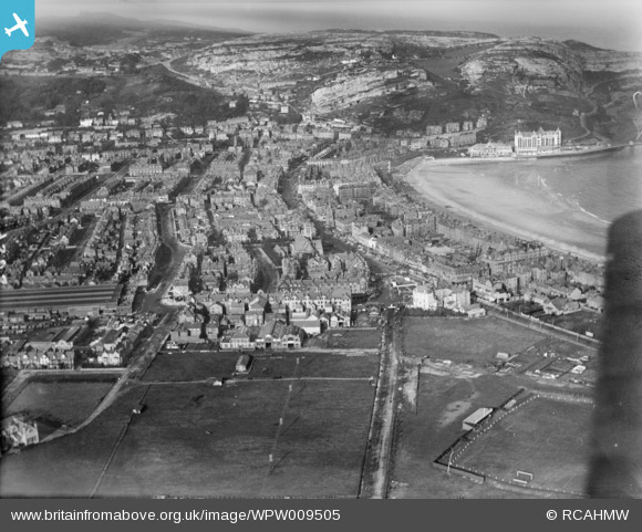 LlandudnoMuseum's tweet photo. View of Llandudno (1923) showing town and football ground, oblique aerial view. 5"x4" black and white glass plate negative #britainfromtheair https://t.co/pyE5Nu5ygB