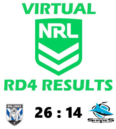 GLAnalytics's tweet photo. Big results from RD4 of #VirtualNRL with @NRL_Bulldogs their first win of the season defeating the @Cronulla_Sharks 26 to 14 at ANZ Stadium. https://t.co/Ky9LVqMdlI