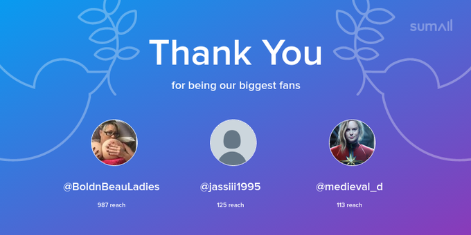 Our biggest fans this week: BoldnBeauLadies, jassiii1995, medieval_d. Thank you! via https://t.co/WjXoFQ8Fec<a href="/tag/adultwork"class="tags"><span>#adultwork</span></a>