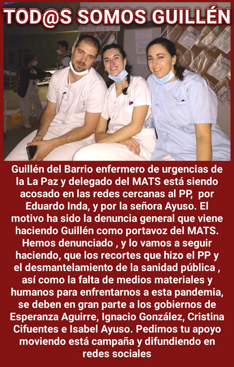 Urgenciaslapaz's tweet photo. #TodxsSomosGuillen @IdiazAyuso hizo comunicado contra el enfermero de @Urgenciaslapaz con acusaciones falsas.Guillen es defensor de la #SanidadPublica no hay más. Se piensa el ladrón que son todxs de su misma condición @ppmadrid @okdiario @eduardoinda @IdiazAyuso @eruizescudero https://t.co/AJPYd8RMGZ