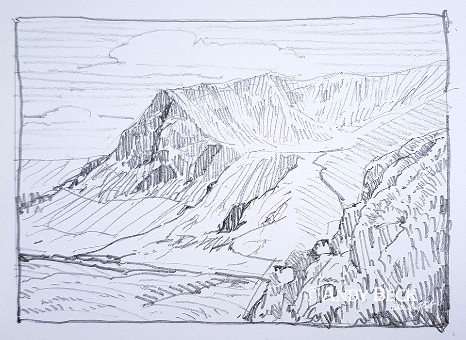 ImagesBeck's tweet photo. Ok, yesterdays "guess the fell" sketch was too easy. So here is todays fell. 4"x3" pencil sketch. Just name the fell 😄 @keswickbootco @Catstycam @TGOMagazine @JohnGal_luvlife @glocky9 @NorthernFell @alanhinkes @AW_archivist @Rambler_Jan @WalksBritain @Wainwright_Pub https://t.co/y8NZtxo5tl