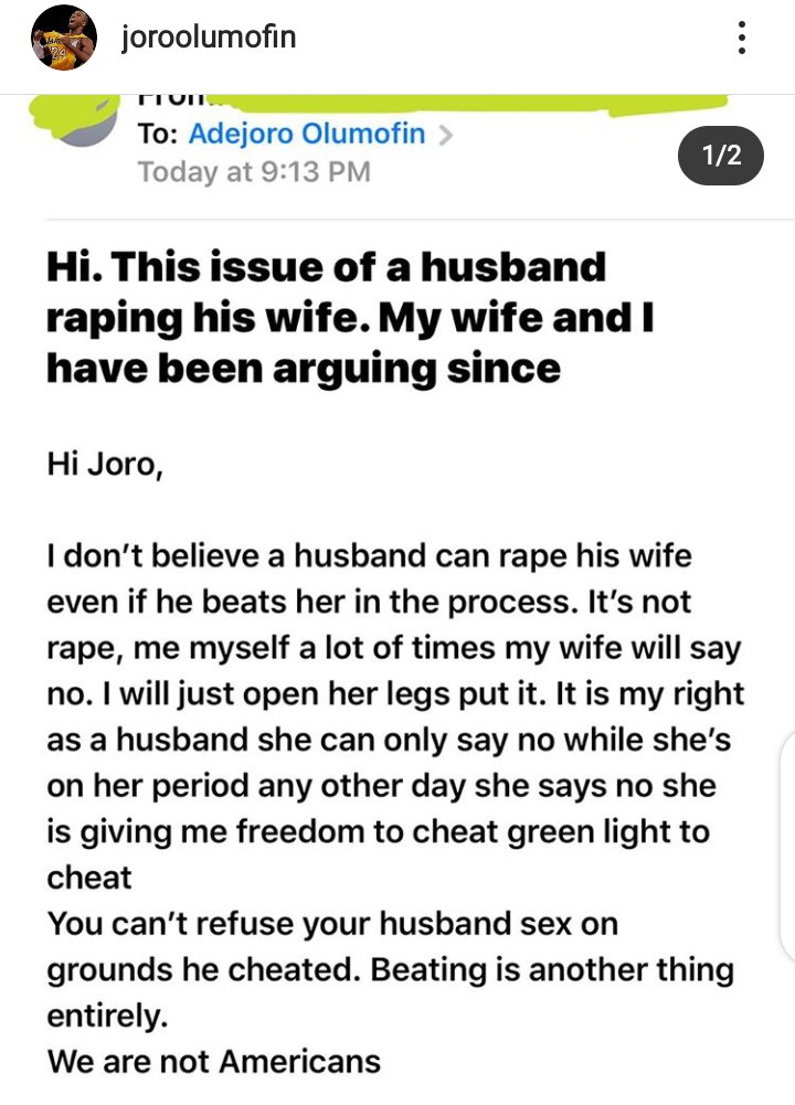 Nigerian men hyperventilating on Joro's blog because of a woman wrote about how her husband raped her infront of their 3 year old daughter. And the men are so quick to shout this is Africa, the Bible says "submit to your husband". 