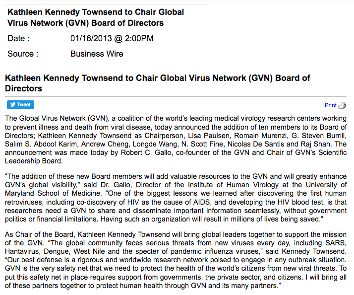 "Townsend, a former chair of the Global Virus Network; another one of her brothers, former U.S. Rep. Joseph P. Kennedy II (D); and her daughter, Maeve Kennedy McKean, have penned an op-ed in Politico taking RFK Jr. to task for his high-profile opposition to mandatory vaccines."