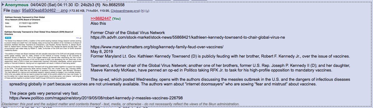 "Townsend, a former chair of the Global Virus Network; another one of her brothers, former U.S. Rep. Joseph P. Kennedy II (D); and her daughter, Maeve Kennedy McKean, have penned an op-ed in Politico taking RFK Jr. to task for his high-profile opposition to mandatory vaccines."