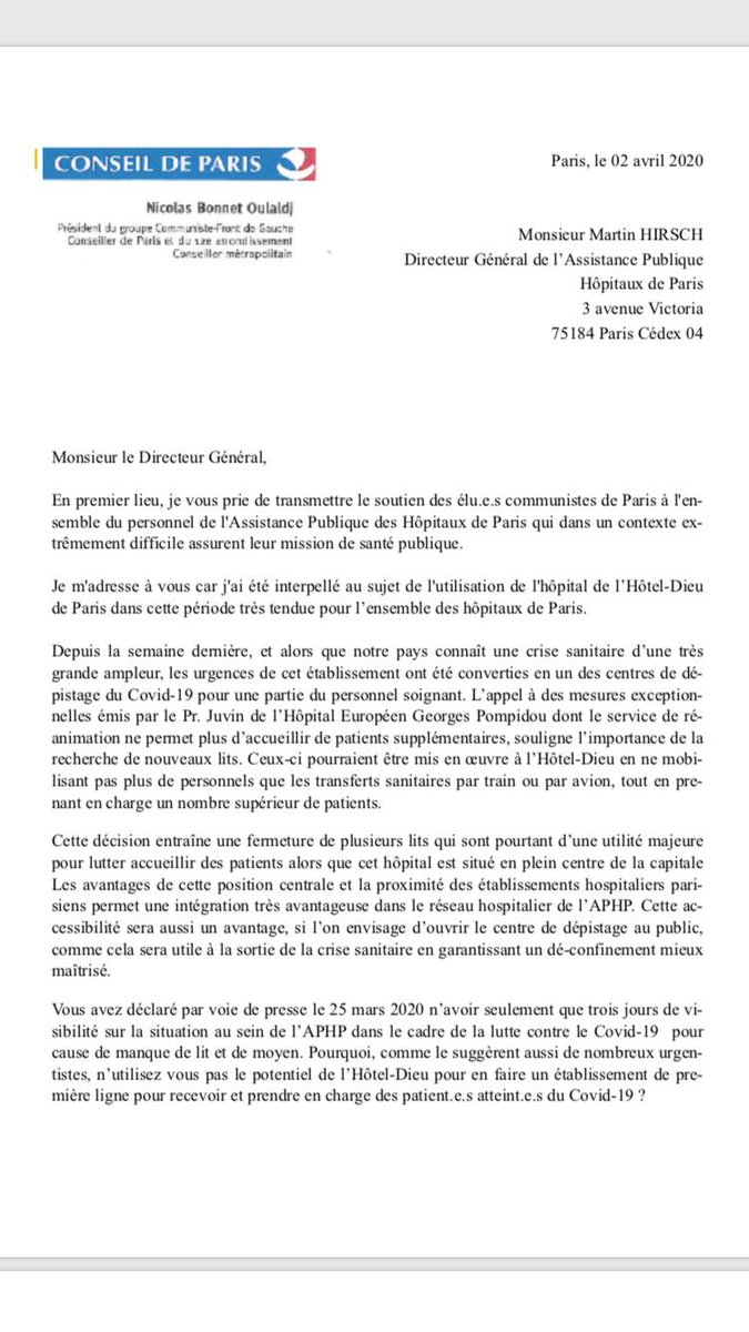 Bonnet_Oulaldj's tweet photo. À la lumière de la crise sanitaire en cours, je demande à l'@APHP etba l'@ARS_IDF le réinvestissement de l'Hôtel-Dieu en lits pour l'accueil en urgence, maladies infectieuses et réanimation. #COVID19 #Santé #ServicesPublics 
Mon courrier à M. Hirsch et A. Rousseau ⬇️ https://t.co/JHmVdkuvf8