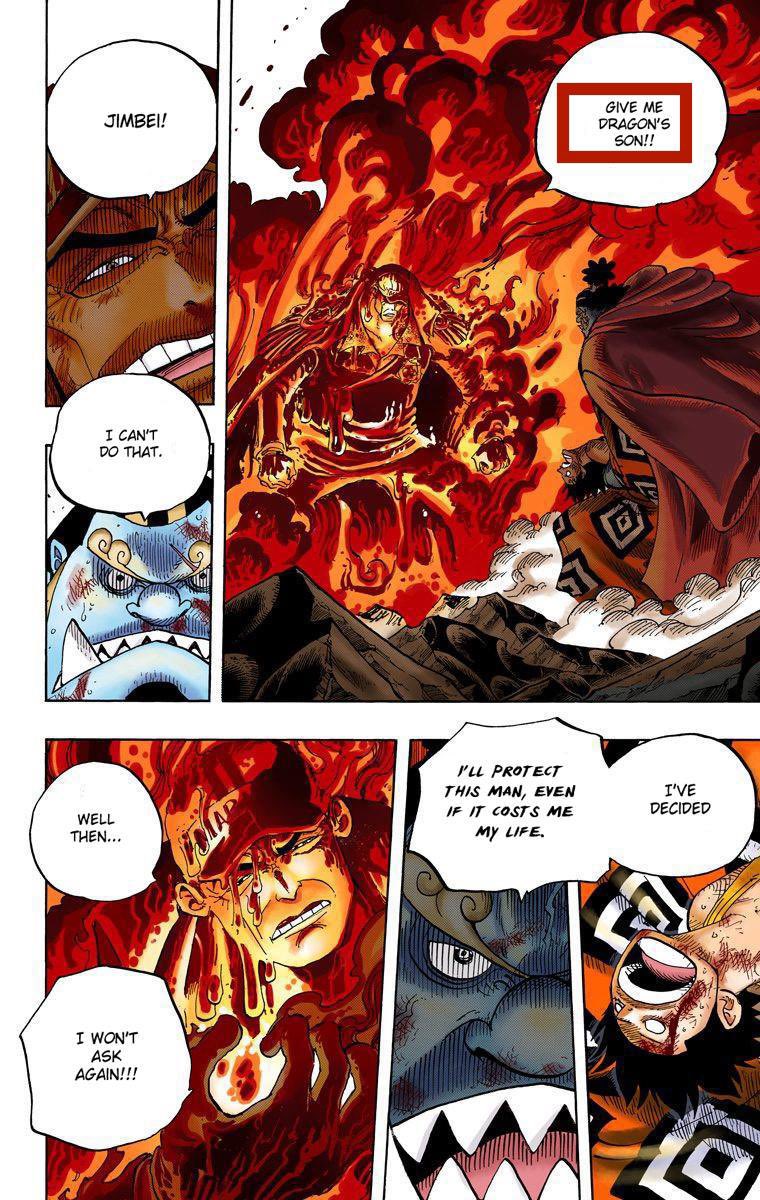 I noticed something interesting, Akainu calls Luffy not by his name, but rather “Dragons son” multiple times throughout the war, as if he knew Dragon personally. Akainu’s unusual animosity towards Luffy, which no other marine has shown during marineford, implies something deeper.