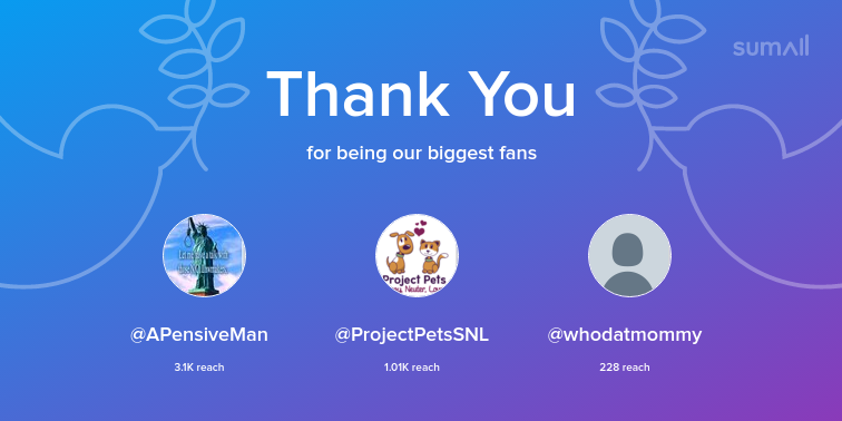 ROrloff's tweet photo. Our biggest fans this week: APensiveMan, ProjectPetsSNL, whodatmommy. Thank you! via https://t.co/cAcilPuleq https://t.co/lF8LzBeo9Z