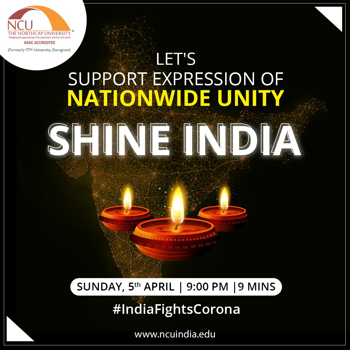 NorthCap_Univ's tweet photo. Let's light a candle, diya or mobile flashlight on 5th April at 9 pm, while adhering to the social distancing norms to mark the nation's fight against the novel coronavirus disease.
#TheNorthCapUniversity #NarendraModi #LightAHope #SaveEnergy #IndiaAgainstCorona #Coronavirus https://t.co/13tmFY9Atx