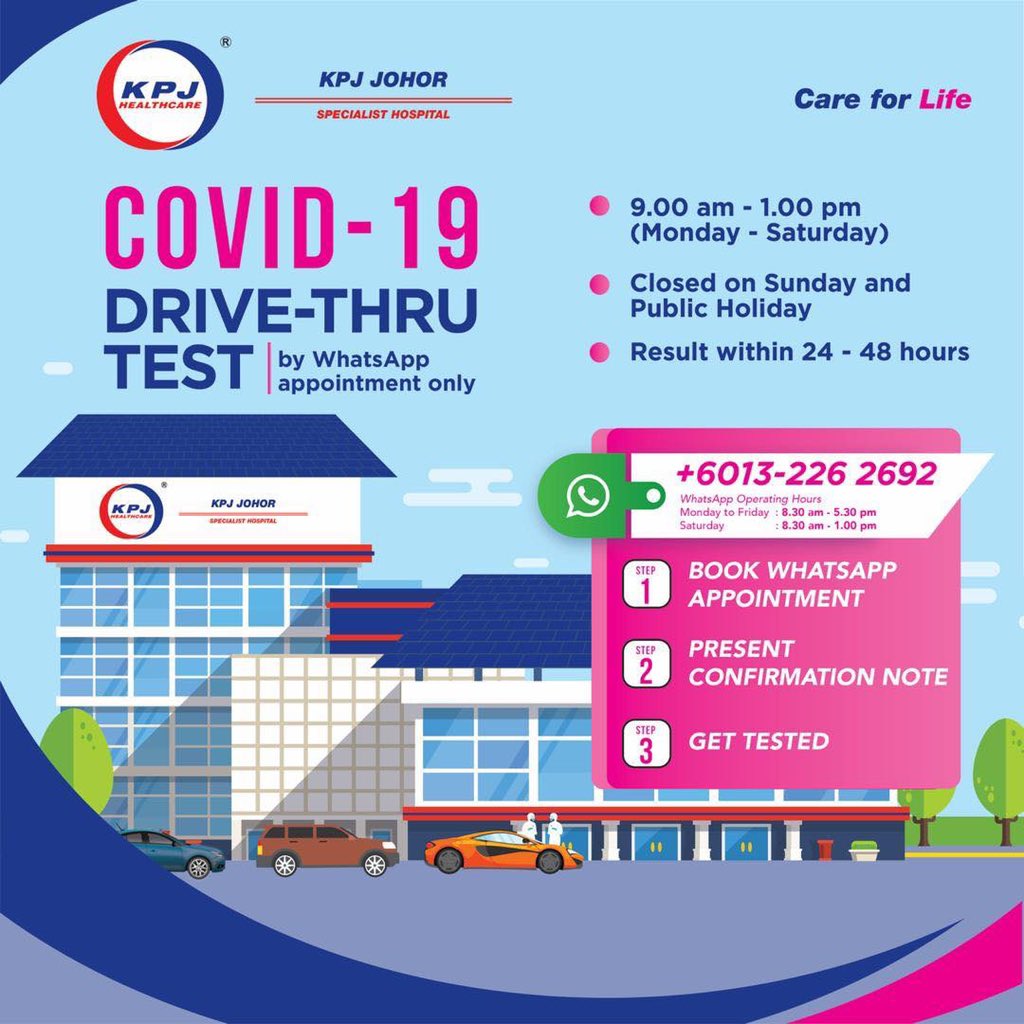 visitjohor_'s tweet image. Kini, anda sendiri boleh melakukan pemeriksaan COVID-19 dengan konsep ‘Drive Thru’ di KPJ Johor Specialist Hospital, Jalan Abdul Samad bermula pada 4 April 2020 (Berharga, RM388)

Whatsapp kan ke 013 226 2692 (Lakukan appointment anda satu hari awal sebelum datang ke hospital)