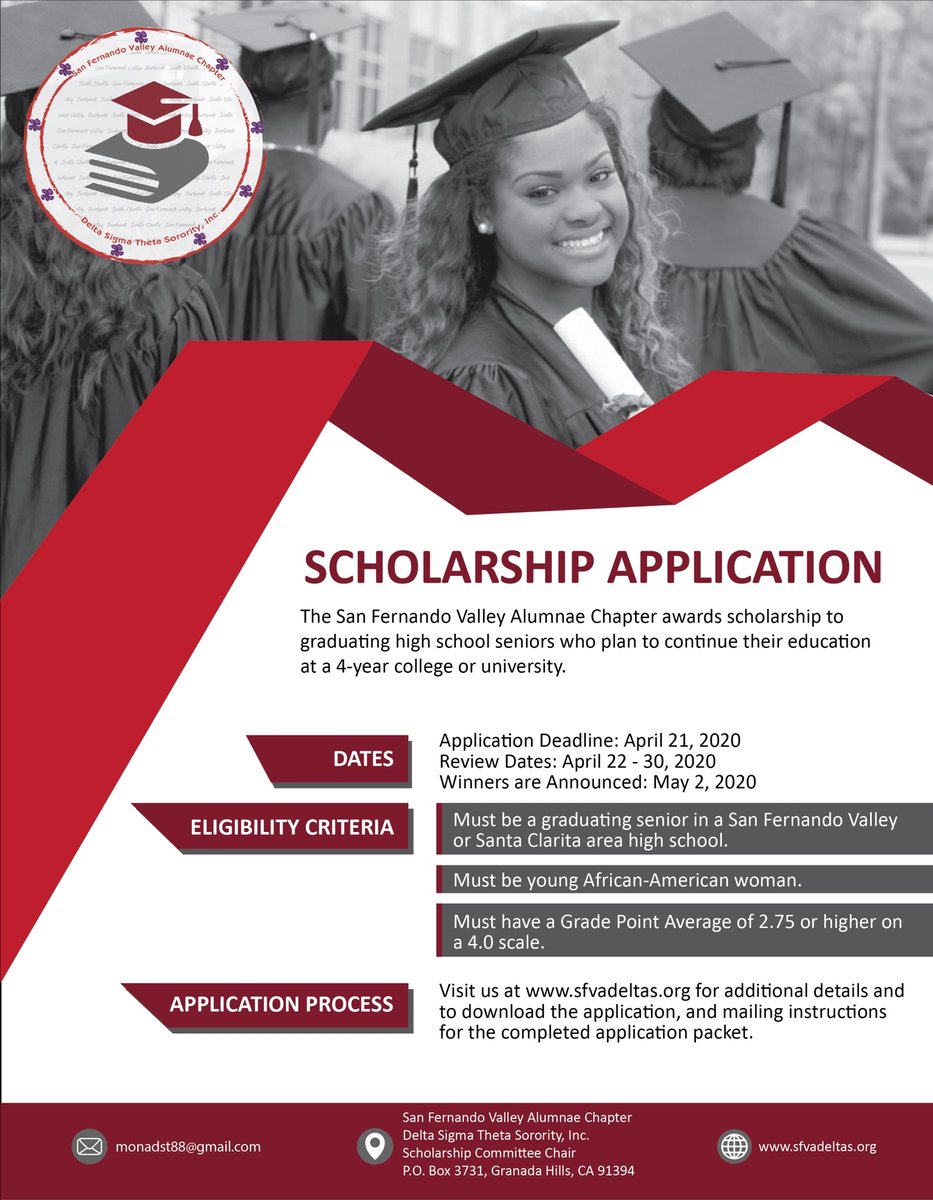 College scholarships available for black female high school students. Please read the requirements and apply by April 21, 2020. Email all request and inquires to: sfvadstscholar@gmail.com