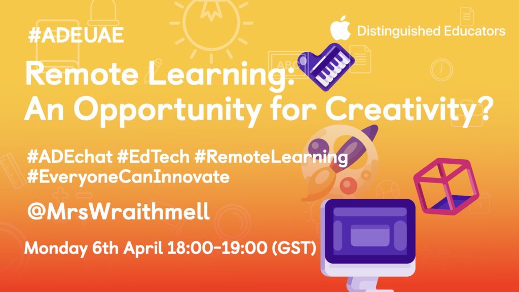TheDigiTechDad's tweet image. Well this is a must tune into twitter chat! Join us for our first #ADEUAE Twitter chat on Monday 6th April at 18:00 (GST) hosted by @MrsWraithmell and the rest of ADE community. #ADEchat #EdTech #RemoteLearning #EveryoneCanInnovate