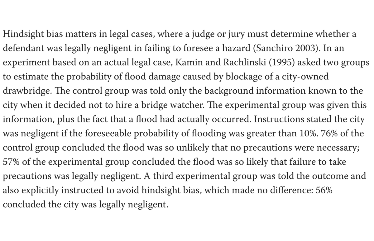 This great 2007 essay on hindsight bias is relevant when blaming people for not predicting the pandemic. With hindsight, we lay out the salient facts and it seems so clear. Experiments show that merely trying to adjust for hindsight bias doesn't work. 1/ https://www.lesswrong.com/posts/fkM9XsNvXdYH6PPAx/hindsight-bias