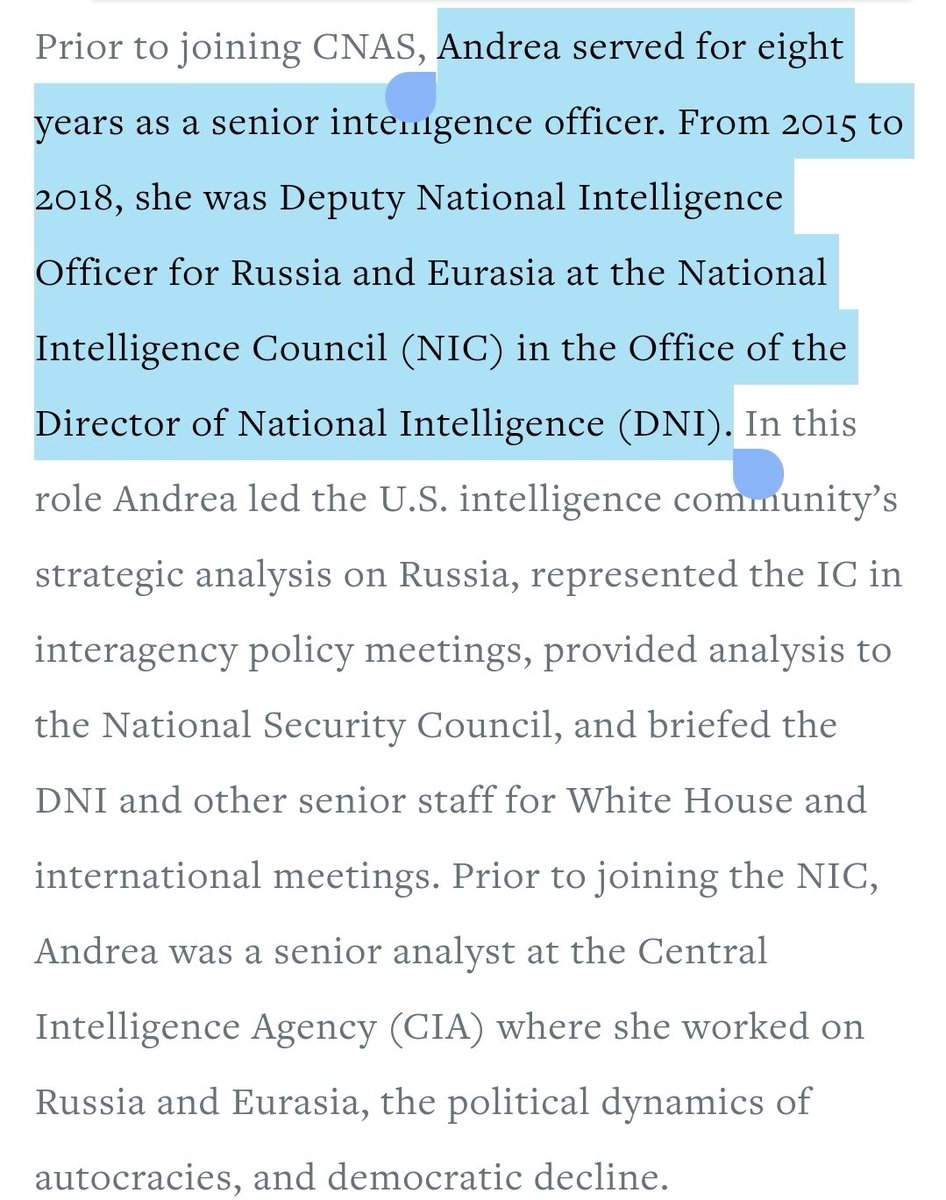 3/ Gurganus's Deputy National Intelligence Officer for Russia and Eurasia was  @AKendallTaylor, a CIA analyst.  https://www.cnas.org/people/andrea-kendall-taylor
