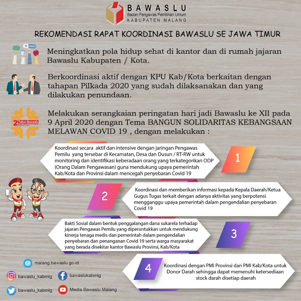 MalangMengawasi's tweet photo. Hai #sobatbawaslumalang pada hari jumat 3 April 2020 Bawaslu Provinsi Jawa Timur melakukan Rapat Koordinasi Bawaslu Se Jawa Timur secara online dengan menggunakan Video Conference.
Berikut hasil yang patut kita ketahui bersama yaa.
Monggo d pantau yaa lurr ☺
#tetapsehat https://t.co/G2uZx9zvtu