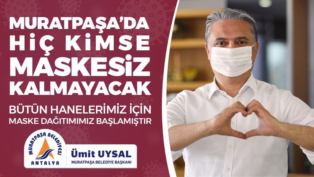 Sevgili komşularım;
Cumhurbaşkanlığının maske konusundaki açıklamasından sonra,halkımız bütün kentlerimizde hanelere yeteri kadar maske dağıtılmasını beklemektedir.Muratpaşa Belediyesi olarak ilçemizde yaşayan 510.000 komşumuzun sorumluluğunu üzerimize alıyoruz.#herkesemaske