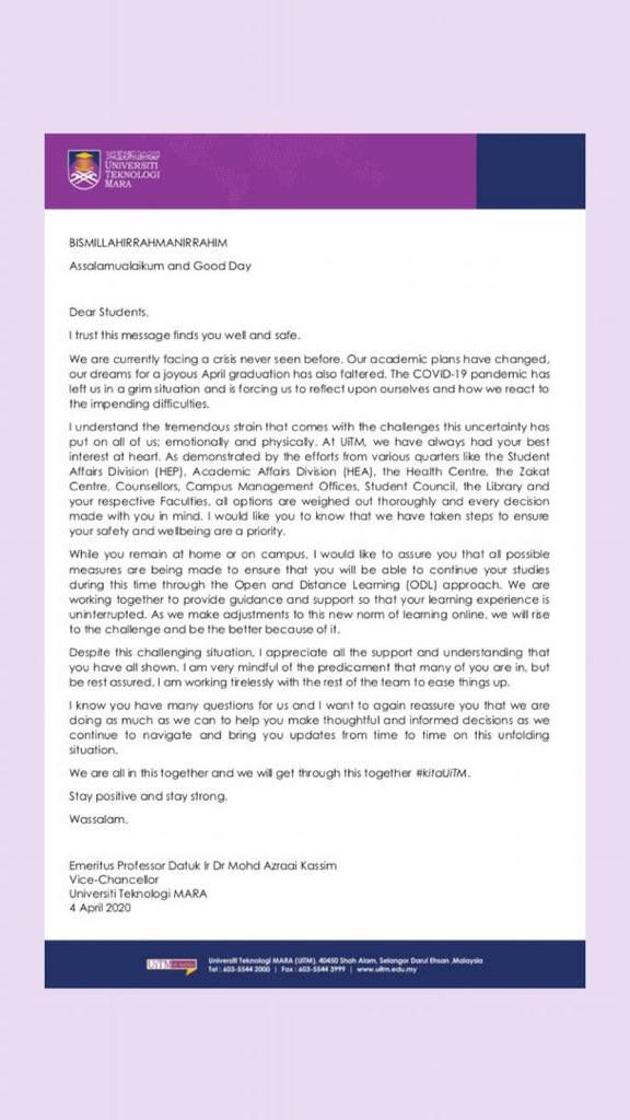 smfuuofficial's tweet image. Assalamualaikum and greetings!✨

[UiTM Vice Chancellor message to student]

The following update is from UiTM Vice Chancellor to all of you regarding the current crisis. Please spent a few minutes and read the message below.❤️

#uitmlaw
#smfuu
#covid19
#staysafe❤