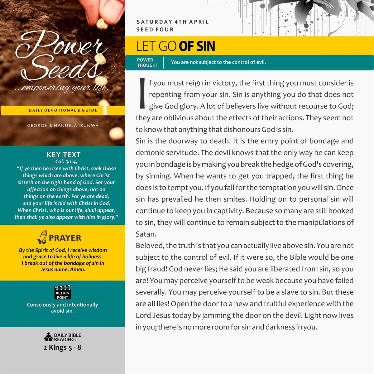 GICfamily's tweet photo. Power seeds

Saturday 4 April (Seed four)
Topic: Let Go of Sin
Power thought: You are not subject to the control of evil

#Gicfamily #georgeizunwa #powerseed #takeover #faithoverfear https://t.co/8XQWkEsk3i