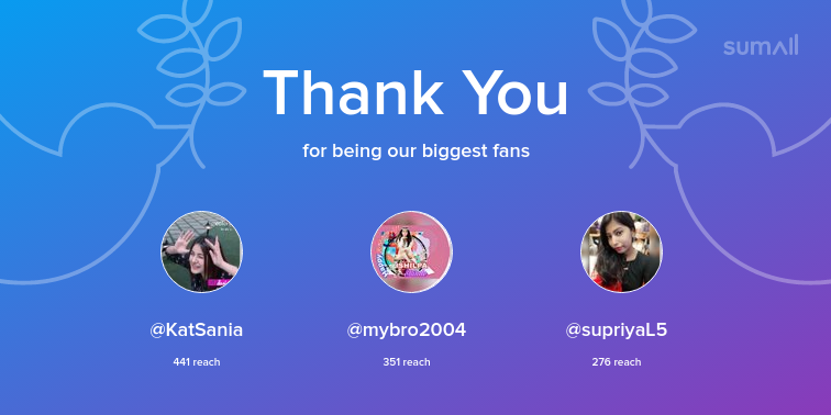 SubhadraJoshi2's tweet photo. Our biggest fans this week: KatSania, mybro2004, supriyaL5. Thank you! via https://t.co/uDVYxbhi3M https://t.co/Orgsz92sRa