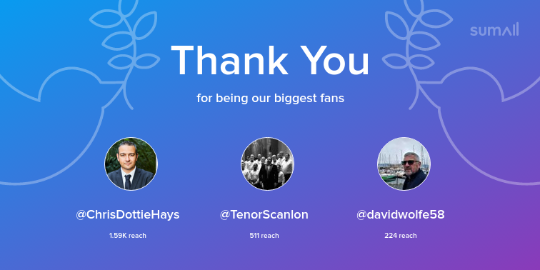 Our biggest fans this week: ChrisDottieHays, TenorScanlon, davidwolfe58. Thank you! via sumall.com/thankyou?utm_s…