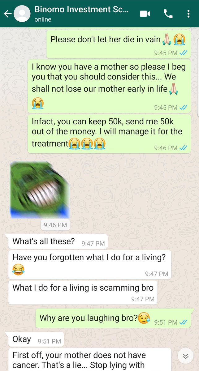 So this guy got blocked after investing 100k in Binomo and went to message the scammer with another number. Then this phony conversation ensuedCheck the thread for the complete part 