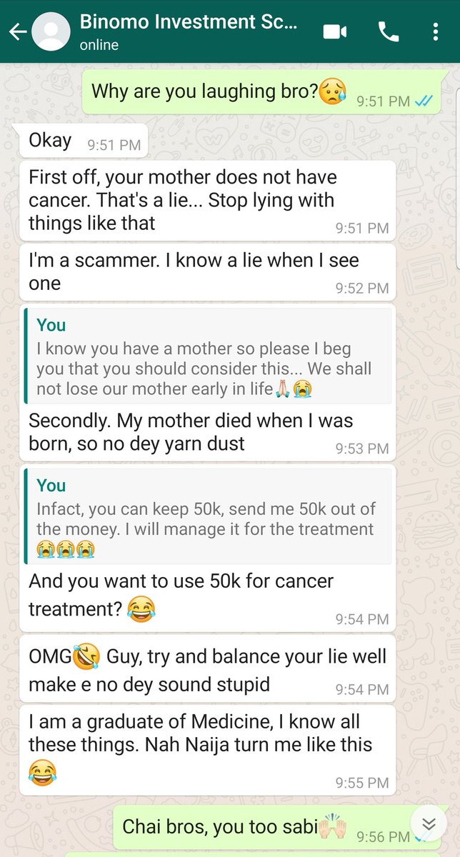 So this guy got blocked after investing 100k in Binomo and went to message the scammer with another number. Then this phony conversation ensuedCheck the thread for the complete part 