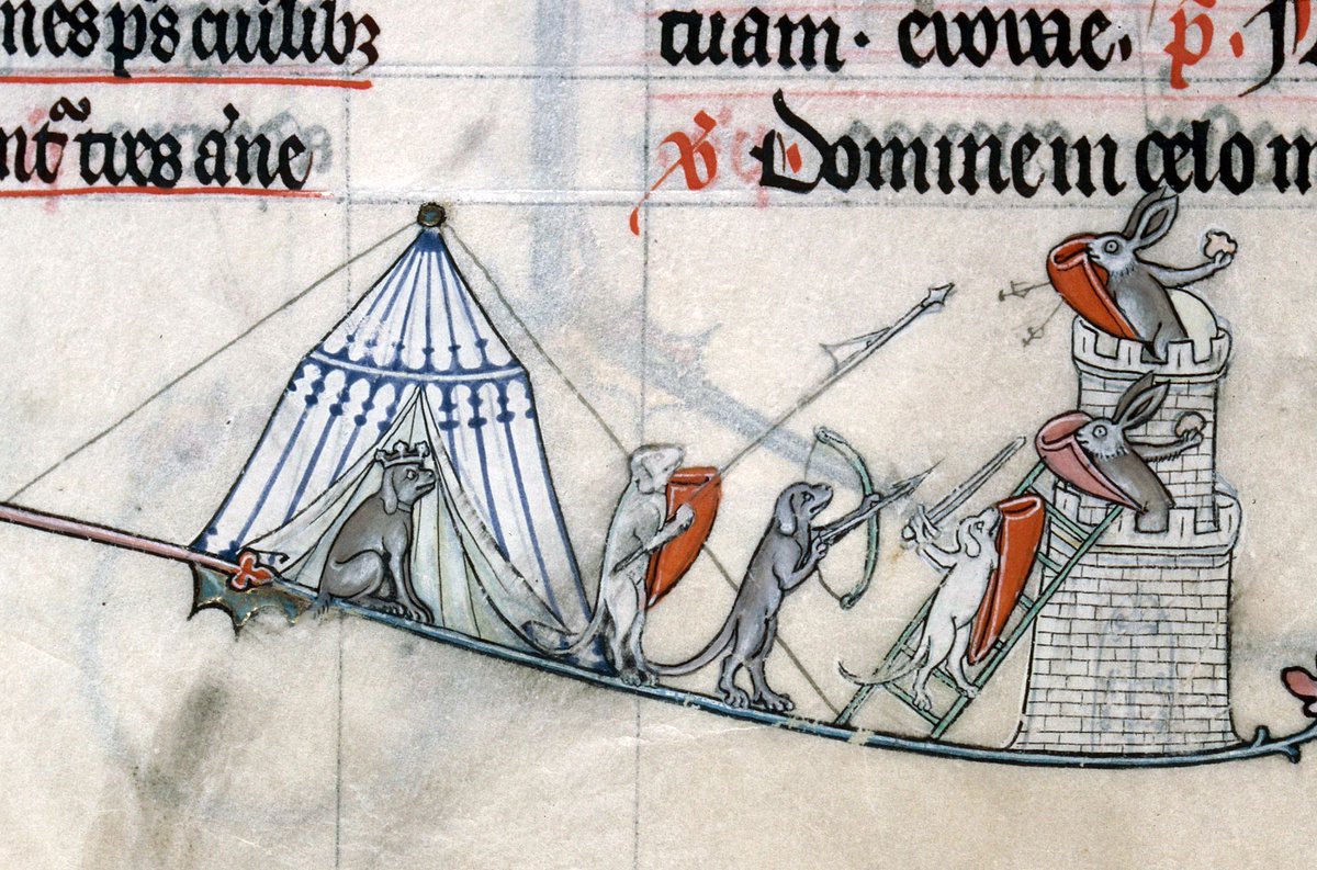 Rabbits' castle attacked by the Dog King's army [Verdun, MS. 107, 14th c.]