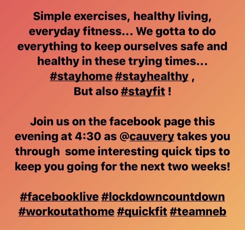 NEBSportsEPL's tweet photo. Join us, this evening at 4:30! 
#lockdowncountdown #quicktips #workoutathome #stayhome #staysafe #stayfit #teamneb @afiindia @IDBIFed @shriramprops @HospitalsApollo @FastandUp_India @physiobefit @Cisco @SAGARHOSPITALS https://t.co/aX2qg4UZUl