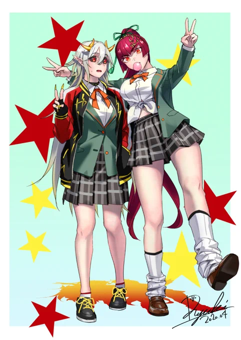 担当キャラの制服姿実装に動揺して、他の子にも着てほしい欲が発生したのでヤシャちゃんとトモエちゃんに着てもらいました(コーデは私の趣味なので公式設定じゃナイヨ)

あと少し～で2周年!おめでとうございます!!☺️☺️
#コトダマン
#コトダマンイラスト 