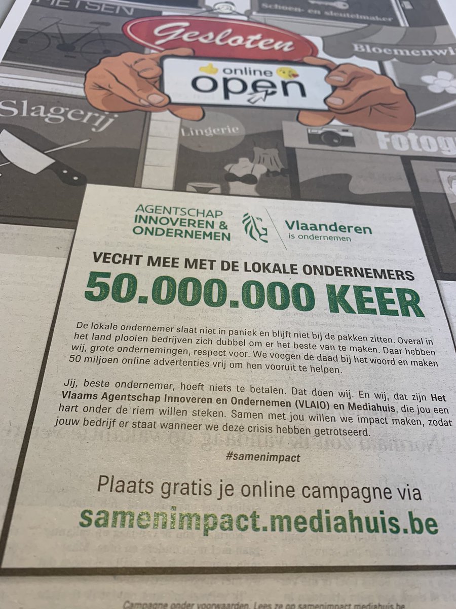 Vecht mee met de lokale ondernemers. <a href="/VLAIO_be/">VLAIO</a> Vandaag in <a href="/destandaard/">De Standaard</a> <a href="/Nieuwsblad_be/">Nieuwsblad.be</a> #samenimpact