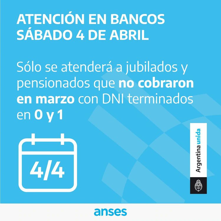 PeronistasUnidx's tweet photo. ¡ALERTA!
Mañana y el Domingo atienden los Bancos.
Nueva reprogramación de pagos a jubilados y pensionados.
#4Abril #CuidarteEsCuidarnos #ArgentinaUnida #InmoralesSA #COVID19argentina
👇👇👇 https://t.co/7Hnmh2wwgl