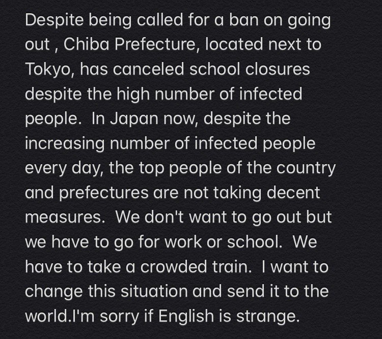 84cCcamFX7fuVTm's tweet photo. I am a high school student in Chiba  prefecture，Japan．I want to tell you the terrible situation right now, so please read it．Please help us!
#coronavirus #Covid_19 #StayHome 
#SocialDistanacing #Japan 
#COVID19 #Coronavirustruth https://t.co/mJ5JssO8h7