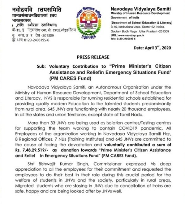 Ankur13200's tweet photo. After 645 Navodayas set up as Temporarily Medical, Isolation Camps &amp; 33 JNV's  currently being used  , Now NVS donated Rs.  7,48,29,519 to PM-CARES fund. #Navodaya always making the nation stronger and prouder.
 PROUD TO BE A #NAVODAYAN 😇❤
#PMCARES #Covid_19 #Coronavirus #jnv https://t.co/vyHNQzmUg9
