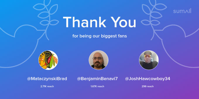 Our biggest fans this week: MataczynskiBrad, BenjaminBenavi7, JoshHawcowboy34. Thank you! via https://t