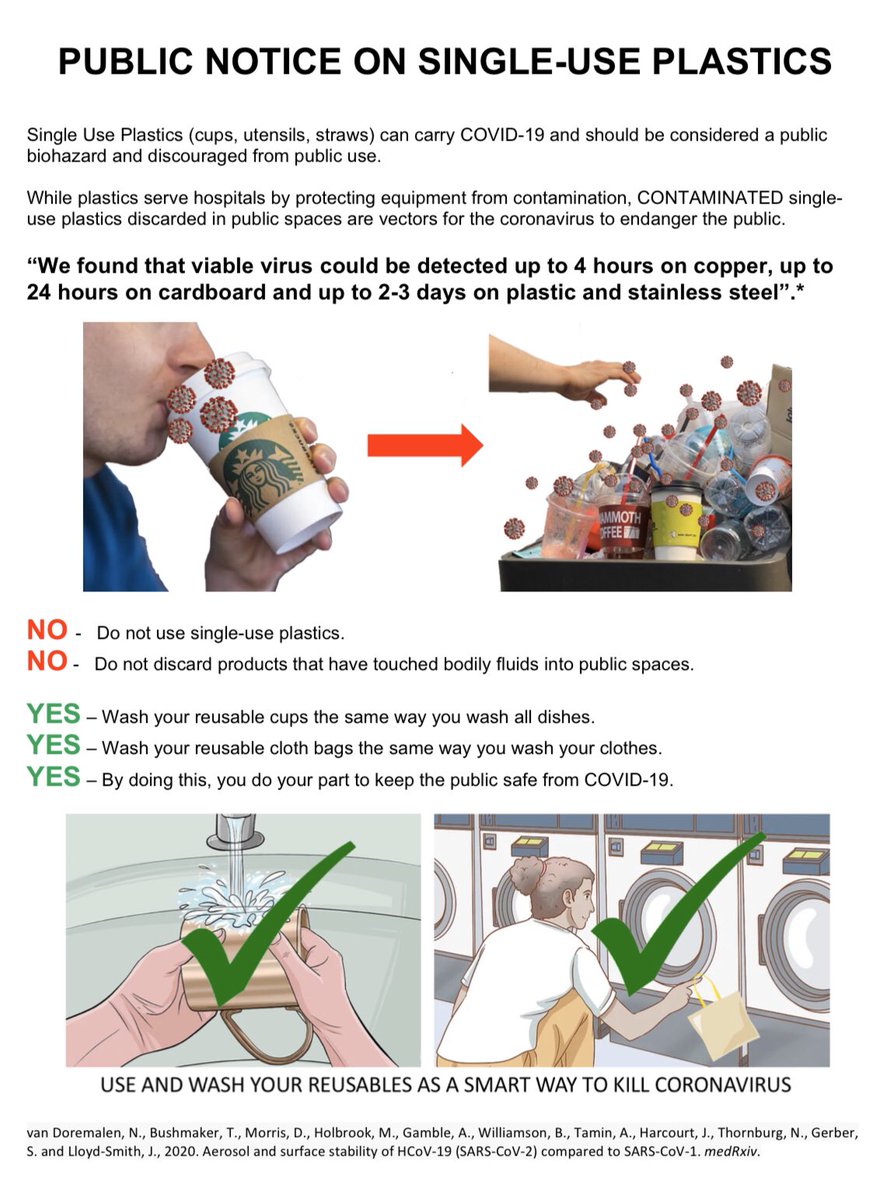 📣 Important Public Notice: single-use plastics can carry #Covid_19 
🚯 #WashDontToss #PlasticPollution #NoExcuseForSingleUse #singleuse #plastics #CoronavirusPandemic #Corona - Notice Source: <a href="/5gyres/">5 Gyres</a>