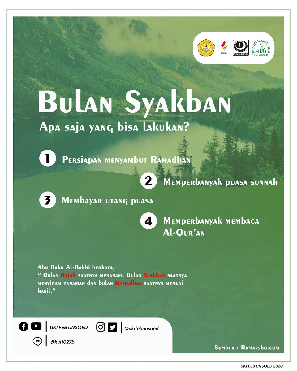 ukifebunsoed's tweet photo. [Pesan UKI]
. 
Assalamu'alaikum sobat UKI. 
Pesan UKI kembali dimana kali ini memberikan tips apa saja yang bisa dilakukan di Bulan Syakban
. 
Konten ini adalah hasil kerja sama dengan Departemen Humas
. 
#PesanUKI
#Humas
#BulanSyakban
#UKIFEBUNSOED https://t.co/XTNUGBatSV