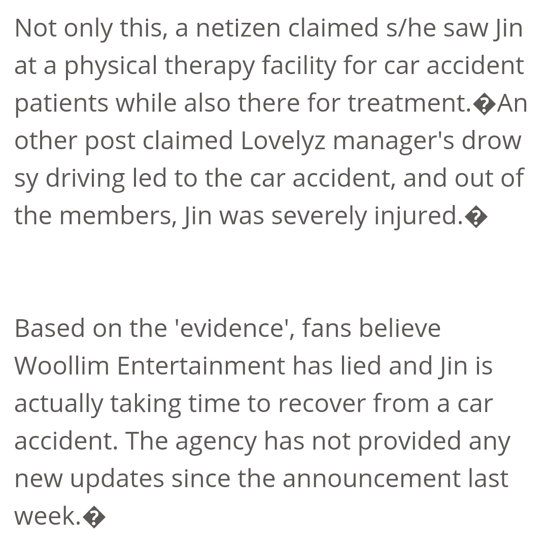 3. woollim stating jin wasn't going to be in the next comeback because of "health issues" yet fans found out themselves that it was from a car accident by her church posting it on their official website