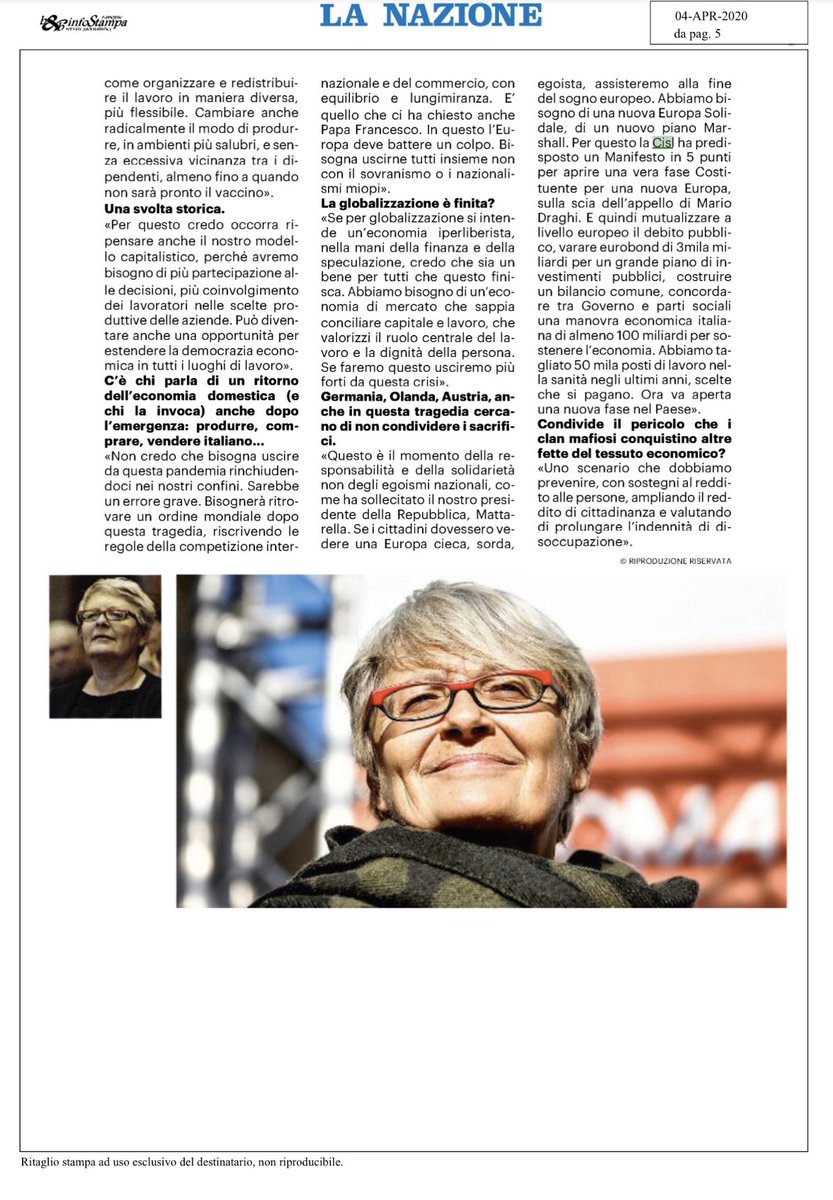 🗞Nulla sarà come prima: bisognerà discutere con le aziende come organizzare e distribuire il #lavoro in maniera più flessibile. Avremo bisogno di più partecipazione e coinvolgimento dei lavoratori nelle scelte produttive: <a href="/FurlanAnnamaria/">Annamaria Furlan</a> su “La Nazione” emergenza #coronavirus