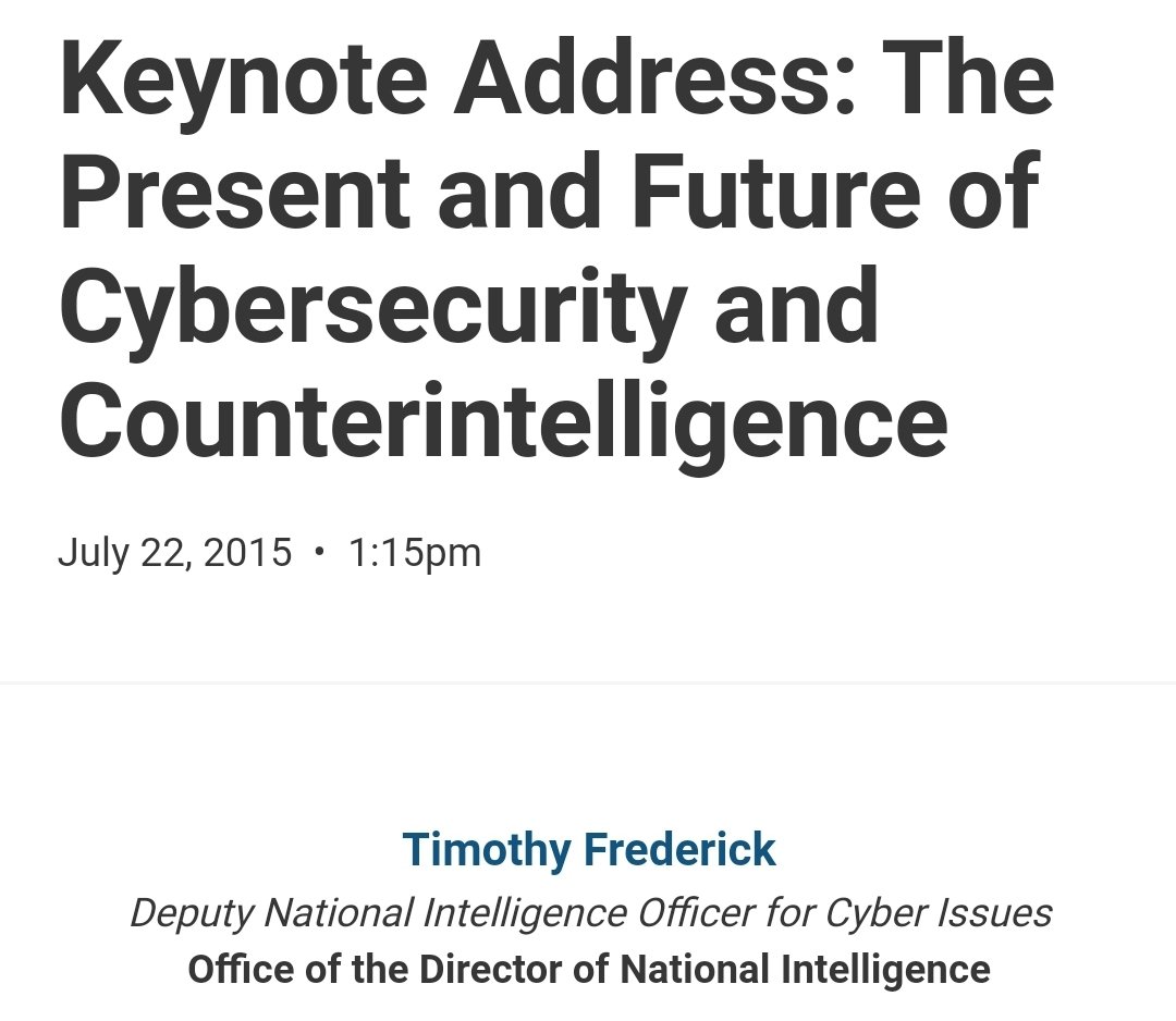 7/ Attached in the classified letter  @SenateDems sent to Obama, after  @POTUS's election, was a Deputy National Intelligence Officer for Cyber's redacted emails. A candidate is Timothy Frederick.  https://www.buzzfeednews.com/article/jasonleopold/heres-the-classified-letter-about-russia-senate-democrats  https://www.americanconference.com/insider-threat-security-compliance-756l15-wsp/agenda/keynote-address-the-present-and-future-of-cybersecurity-and-counterintelligence/