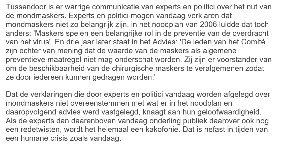epironet's tweet photo. 'Experts en politici mogen vandaag verklaren dat mondmaskers niet zo belangrijk zijn, in het noodplan van 2006 luidde dat toch anders.'

Kroniek van de week, via @Knack, over verlies aan geloofwaardigheid van experts, politici en Europese Unie. https://t.co/TeGybYCf7o Citaat: https://t.co/dvKBYzyyHe