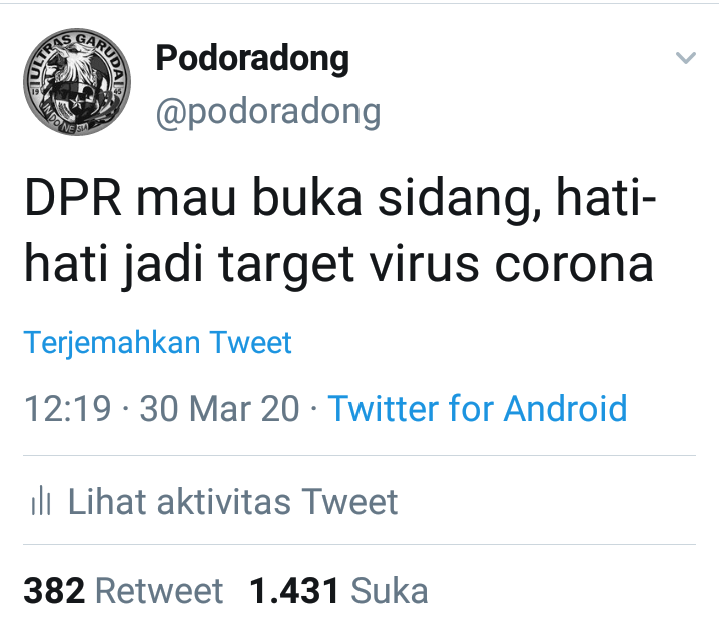 podoradong's tweet photo. Office Boy yang positif corona kerjanya dekat dengan Puan Maharani

Sudah diwanti-wanti tapi karena ambisi manfaatin situasi corona dengan tetap bahas omnibus law jadi buta strategi

Akhirnya corona menghantui gedung DPR, kosongkan kalau bisa sesegera mungkin https://t.co/VOWmabccO5