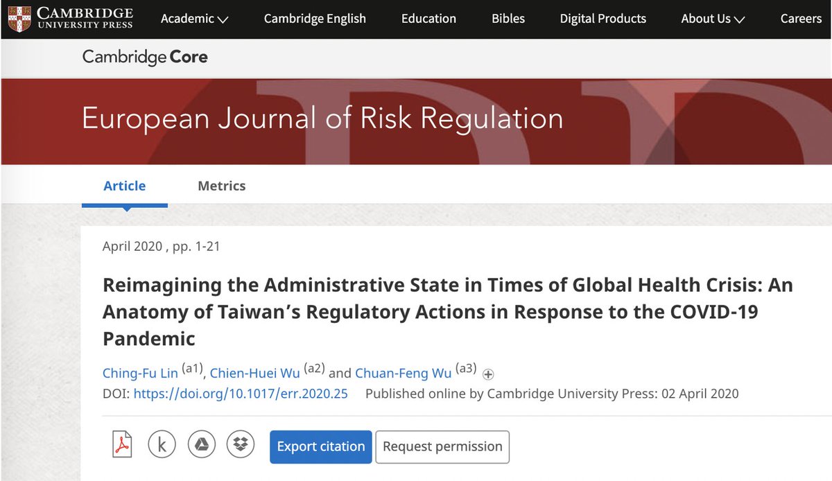 Our two cents on #Taiwan's regulatory actions in response to the #COVID2019 crisis in the context of #GlobalHealth  governance and the entrenchment of the administrative state (forthcoming in <a href="/EurJRR/">EJRR</a> , 2020): doi.org/10.1017/err.20….  Many thanks to <a href="/alemannoEU/">Alberto Alemanno</a> and <a href="/CWirajendi/">Cliff Wirajendi</a>!