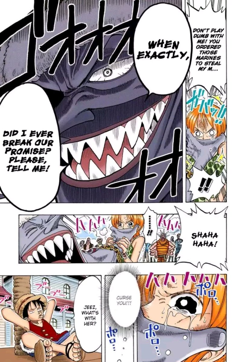 I like how Nami and her past was the focus of this arc. I really liked her backstory. Her actions and attitude in the story previously were justified now that I know where she was coming from. The village and the members were cool. Arlong as a villain alright I liked his-