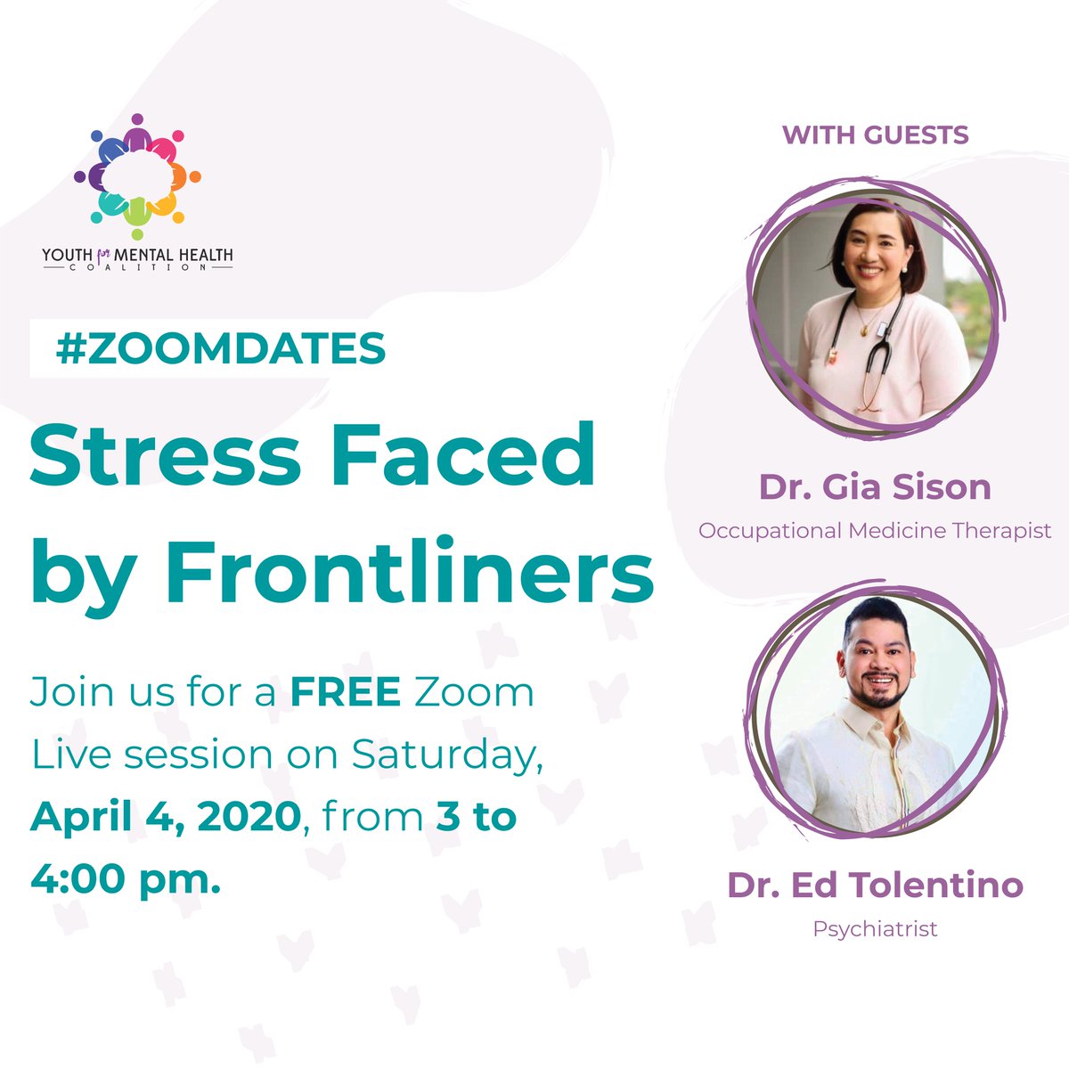 youth4mh's tweet photo. #BeyondCOVID19 presents #ZoomDates: Stress Faced by Frontliners.

Join us as in our livestream on our official facebook page. Our guests, Dr. @giasison and Dr. Ed Tolentino Jr. will be answering your questions. 

#MoveForMH #HelpIsHere #Y4MH https://t.co/AzZK4v1R6h